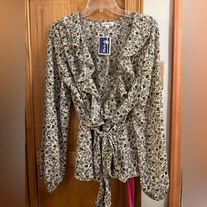 Cream, olive green, floral ivy, long sleeve ruffle neckline blouse.